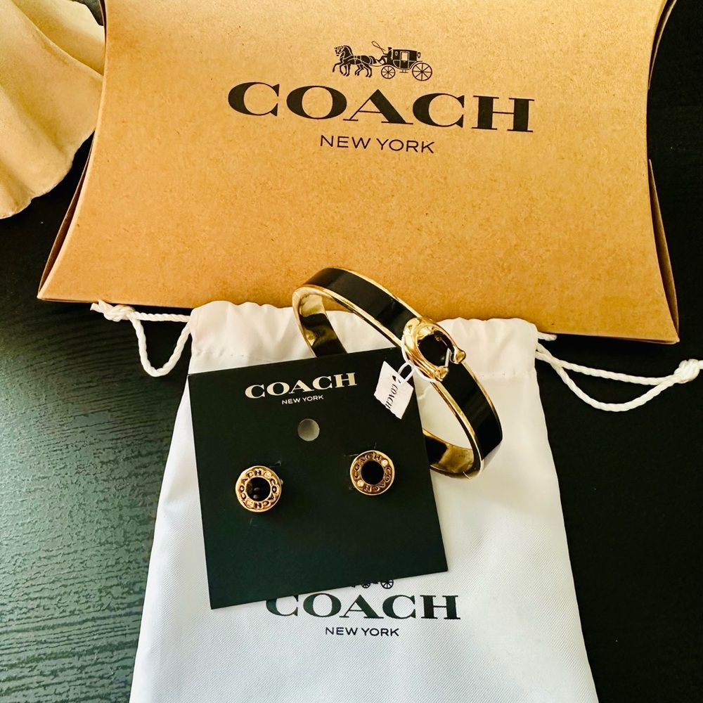 COACH Black and Gold Horsebit Bangle with Matching Stud Earrings